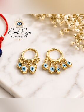 Gold Hoop Earrings with Blue Evil Eye Charms